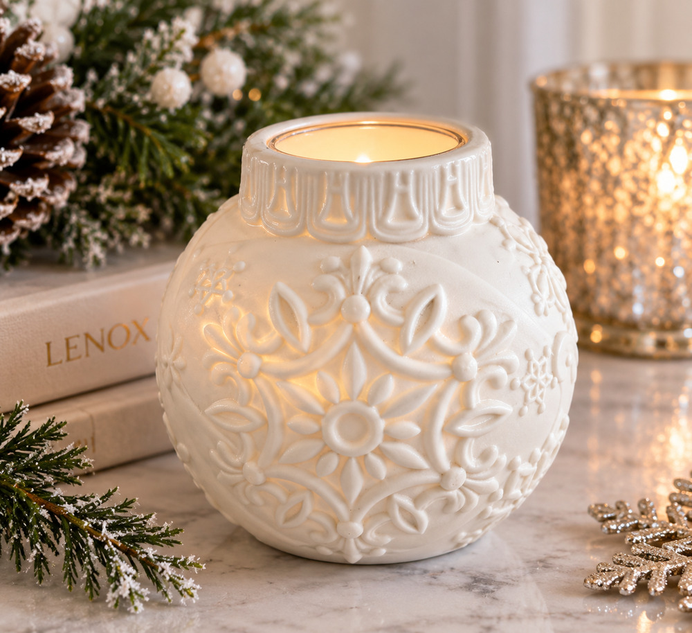 Lenox Ornamental Glow Snowflake Scroll Votive 4" Ivory Christmas Candle Holder